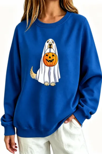 Women's Fall Ghost Dog Pumpkin Graphic Halloween Sweatshirt