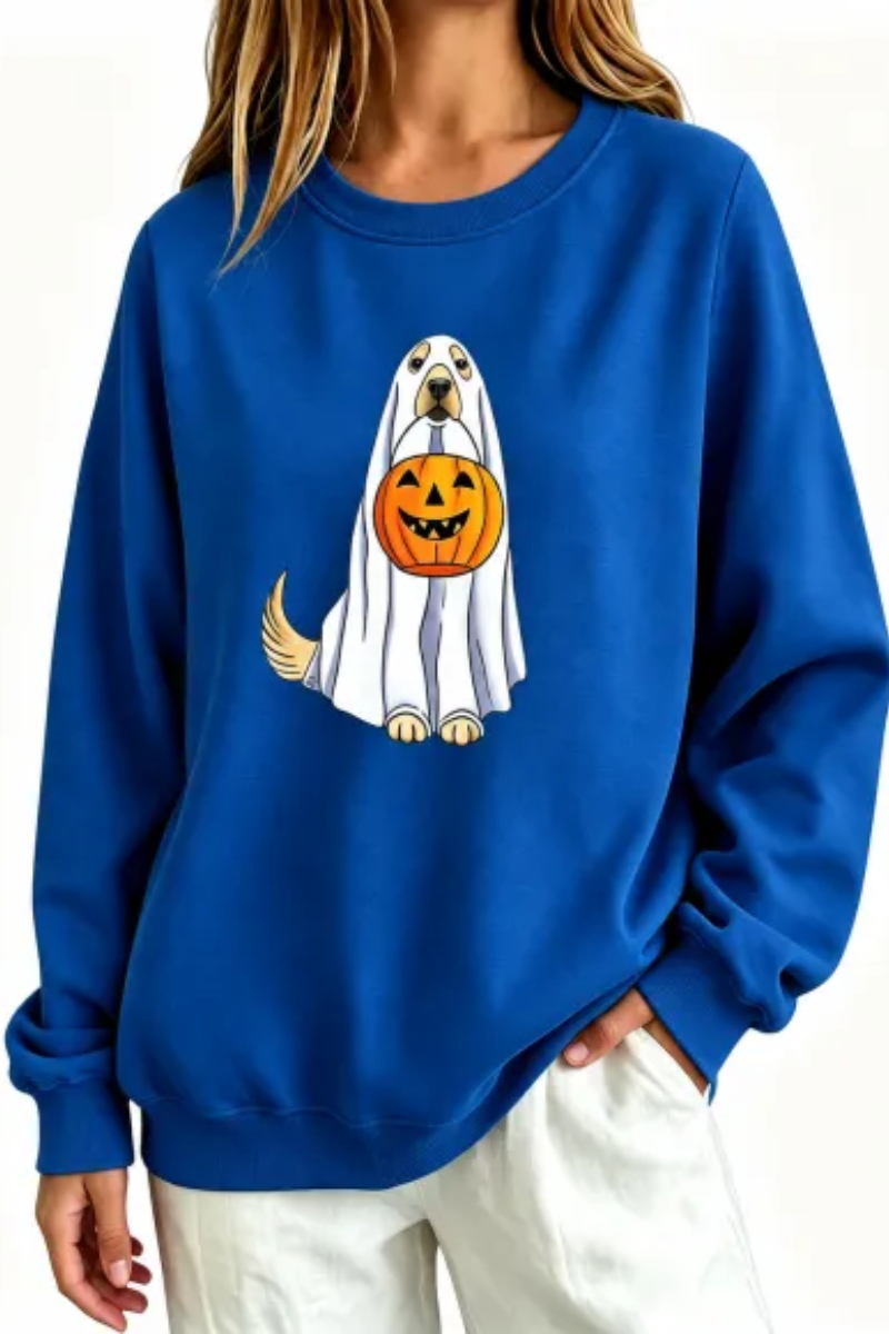 Women's Fall Ghost Dog Pumpkin Graphic Halloween Sweatshirt