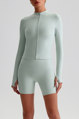 Women's Bare Feel Finger Cuffs Slim Yoga Jacket & Shorts Set
