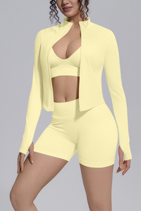 Women's Seamless Bra&Stand Collar Jacket &Shorts 3 Piece Set
