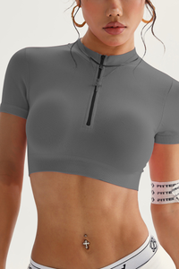 Women's Half-Zip Stand Collar Cropped Short-Sleeved Top