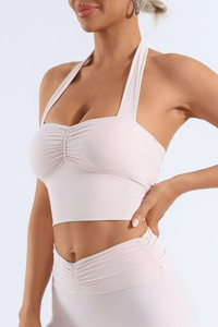 Women's Halter Neck Pleated Twist Back Padded Sports Bra