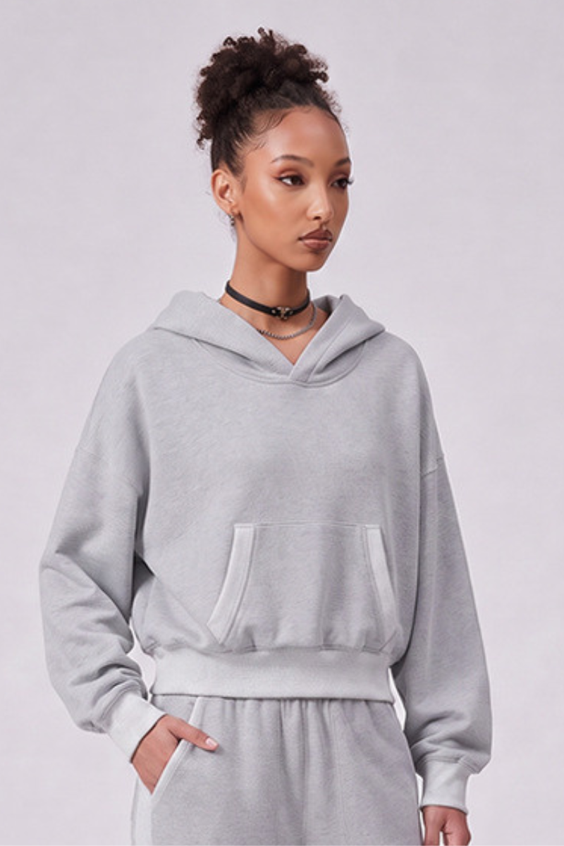 Women's Fall 100% Cotton Contrast-Stitch Boxy Cropped Hoodie