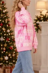Women's Cute Christmas Crew Neck Sweater Pink Merry Letter