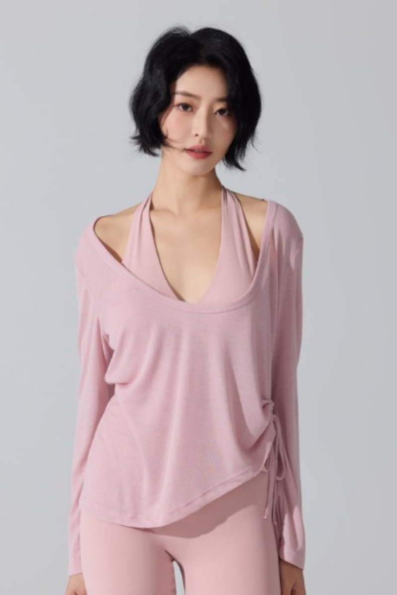 Women's Wide U-Neck Side Drawstring Sheer Long Sleeve Yoga Cover-Up
