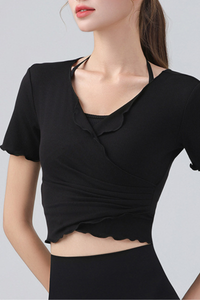 Women's V Neck Ruching Trim Cropped Wrap Top