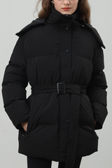 Women's hooded mid-length cotton jacket with waist tie.