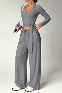 Women Fall Set:Tank Top & Wrap Tie Long Sleeve Top & Pants