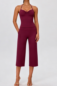 Women's Yoga Sets:Halter Twist Tank Top &Wide Leg Capri Pant