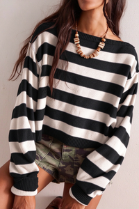 Women's Winter Boat Neck Boho Striped Cropped Knit Sweater