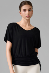 Women's V Neck Batwing Sleeve Side Drawstring Loose Fit Top