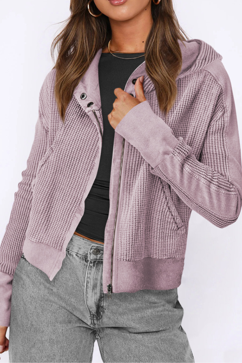 Zipper-fastened short-sleeved knitted sweater