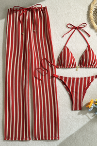 Women's Summer Color Block Striped Bikini Three-Piece Set