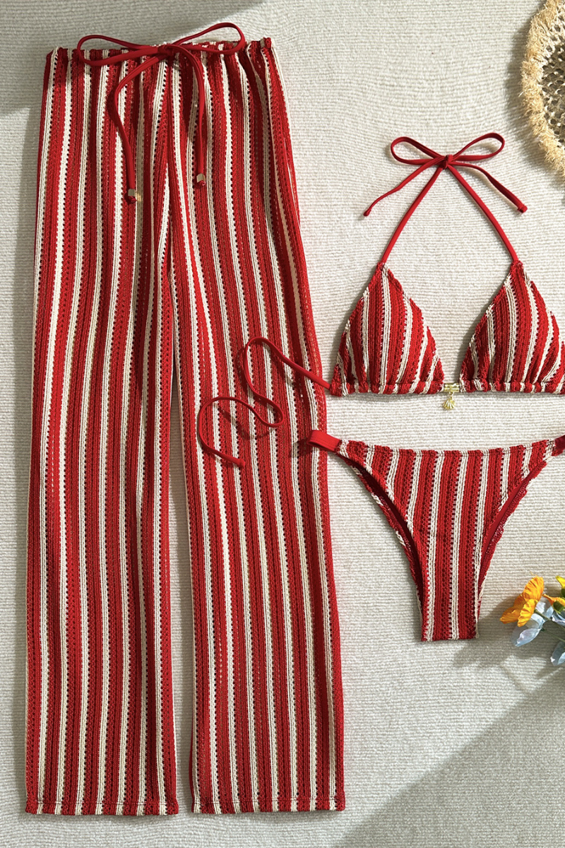 Women's Summer Color Block Striped Bikini Three-Piece Set