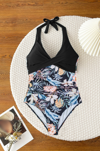 Women's Halter Deep-V Twist-Front Floral Print Swimsuit