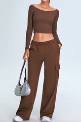 Women's Set:Off The Shoulder Cropped Top And Wide Leg Pants
