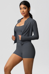 Women Tight Yoga Set:Brushed Sports Bra+ Zip Jacket + Shorts