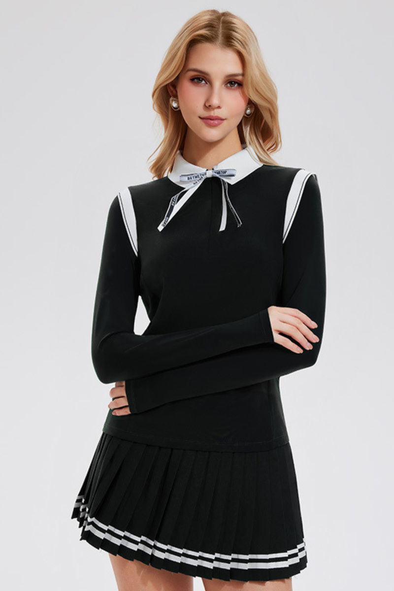 Women's Color-Block Set:Polo Collar Top & Pleat Mini Skirt