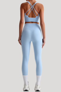 Women Naked Feel Cross Back Yoga Set: High Waisted Seamless Tummy Control Leggings + Crisscross Sports Bra