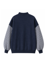 Women's Fall Gingham Spliced Oversize Mock Neck Sweatshirt