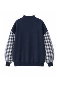 Women's Fall Gingham Spliced Oversize Mock Neck Sweatshirt