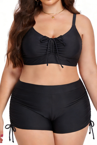 Plus Size Women's Pleated Drawstring Solid Bikini