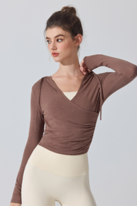 Women's V‑Neck Ruched Cropped Slim Fit Athletic Hoodie