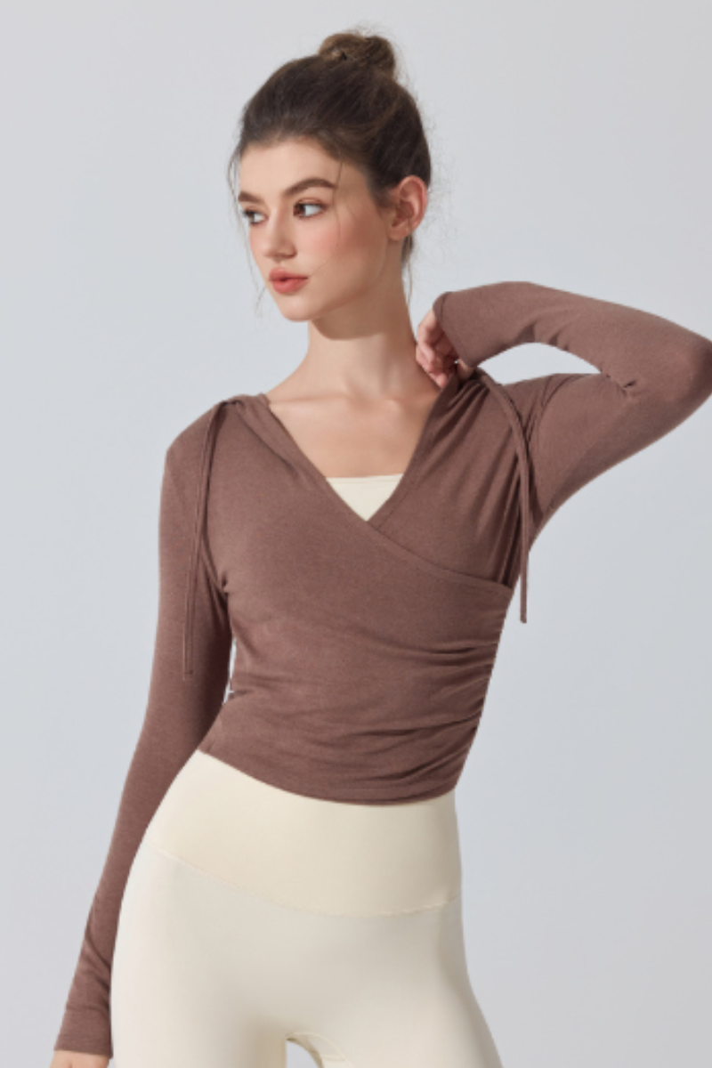 Women's V‑Neck Ruched Cropped Slim Fit Athletic Hoodie