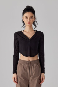 Women's V-Neck Sheer Cropped Long Sleeve Yoga Cover-Up