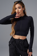 Women's Athletic Finger Cuffs Stand Collar Cropped Jacket