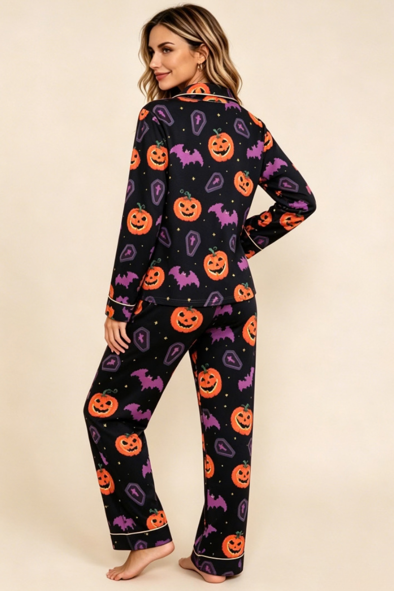 Women's Fall Halloween Pumpkin Bat Print Horror Pajama Set