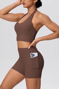 Women's Sport Set:Halterneck Tank Top And Side Pocket Shorts