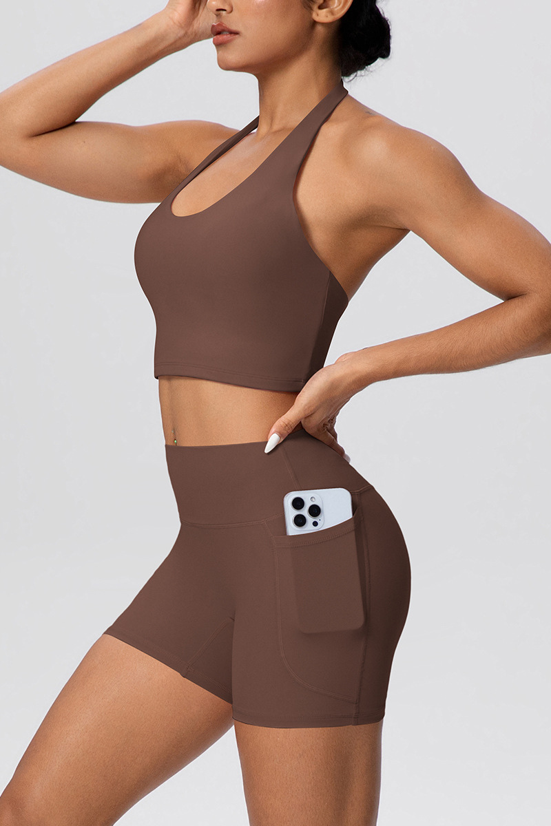 Women's Sport Set:Halterneck Tank Top And Side Pocket Shorts