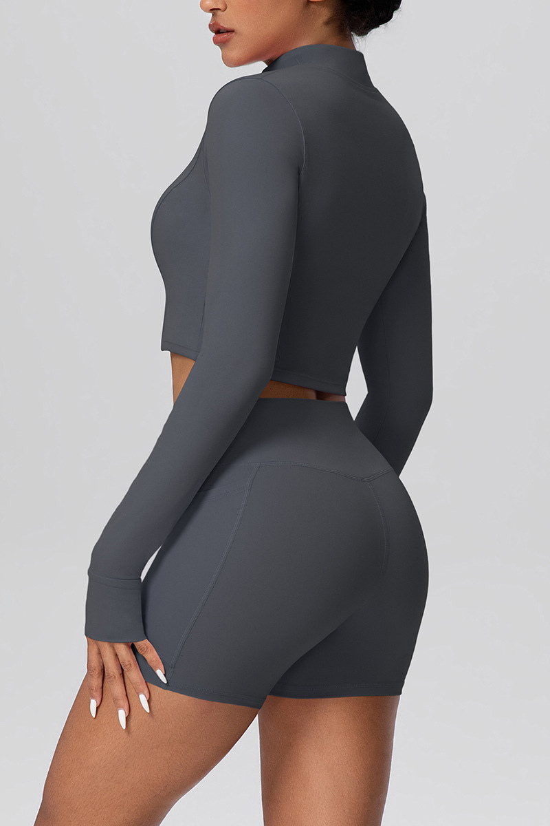 Women's Two Piece Set:Stand Collar Cropped Jacket And Shorts