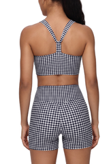 Women's Athletic Plaid Print Y-Back Bra And Shorts Yoga Set
