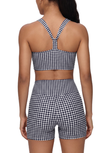 Women's Athletic Plaid Print Y-Back Bra And Shorts Yoga Set