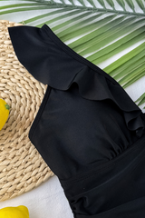 Women's V-Neck Ruffle Solid Cinched Waist Slimming Swimsuit