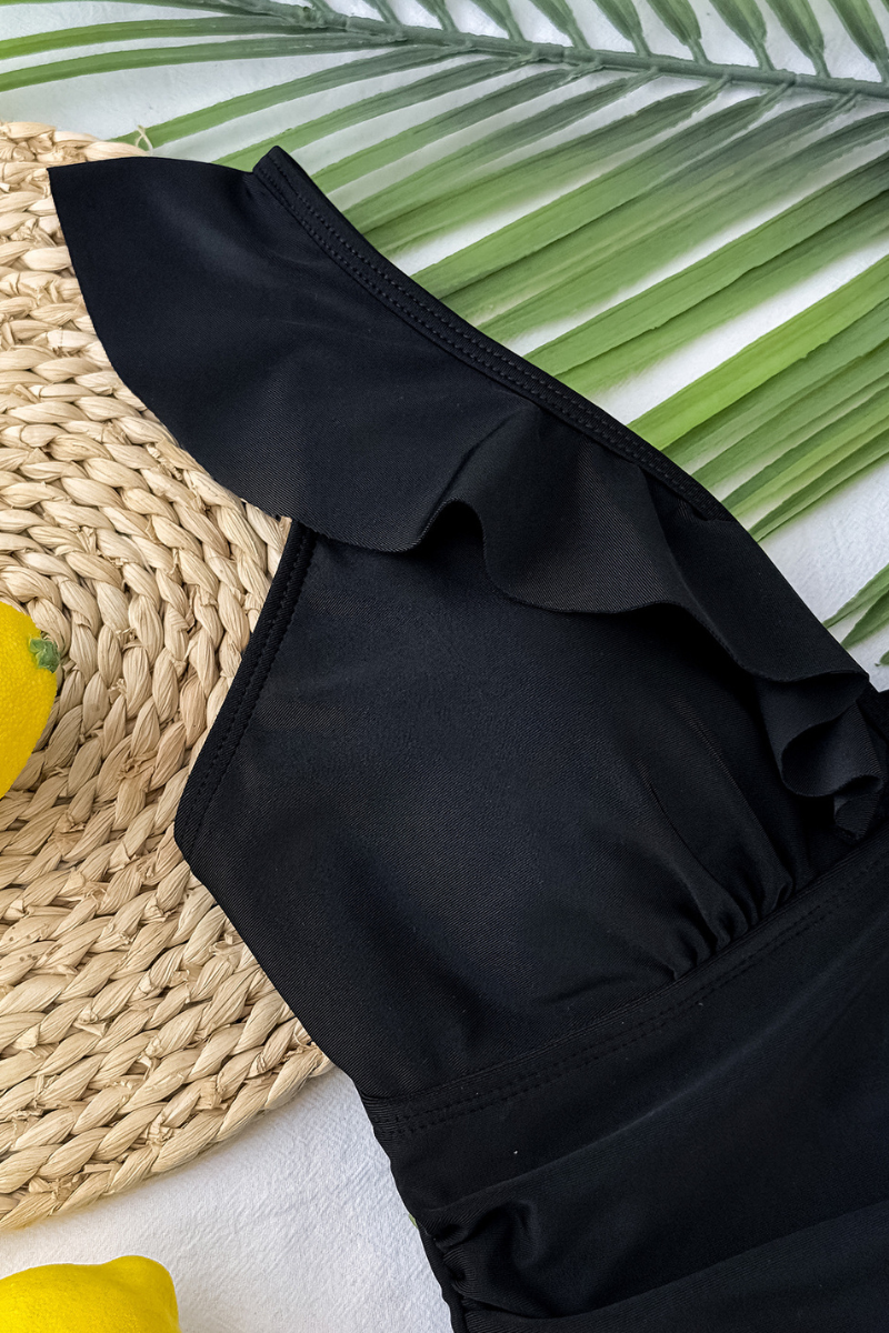 Women's V-Neck Ruffle Solid Cinched Waist Slimming Swimsuit