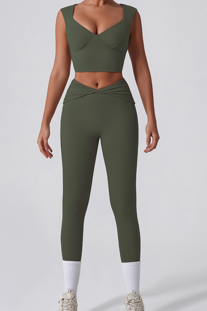 Women's Cropped Tank Top And Twist Cross Waist Leggings Set