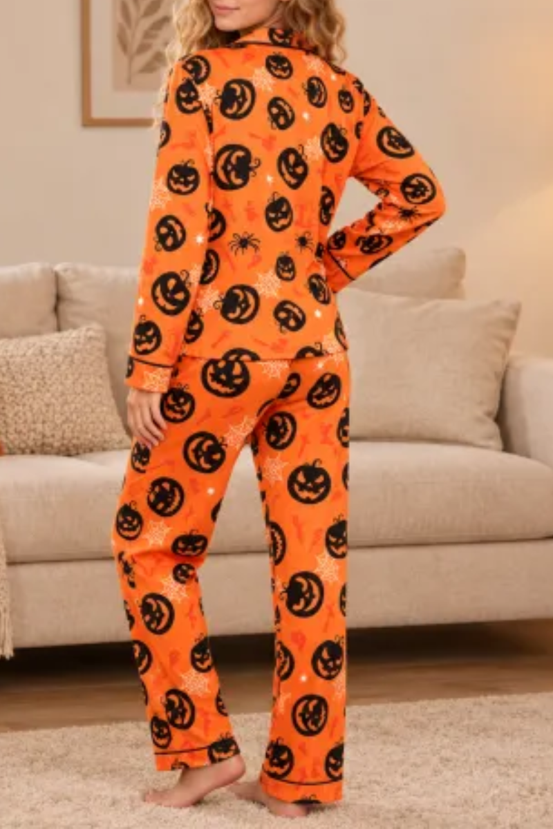 Women's Fall Halloween Pumpkin Spider Web Print Pajama Set
