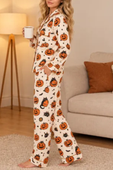 Women's Fall Halloween Pumpkin Black Cat Print Pajama Set