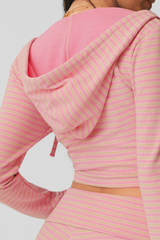 Women's Striped Hooded Zip Crop Jacket & High Waist Shorts