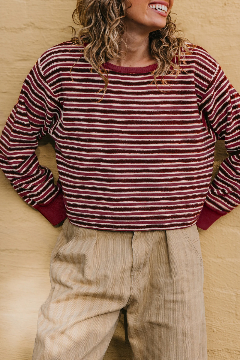 Women's Fall/Winter Striped Crew Neck Cropped Knit Sweater