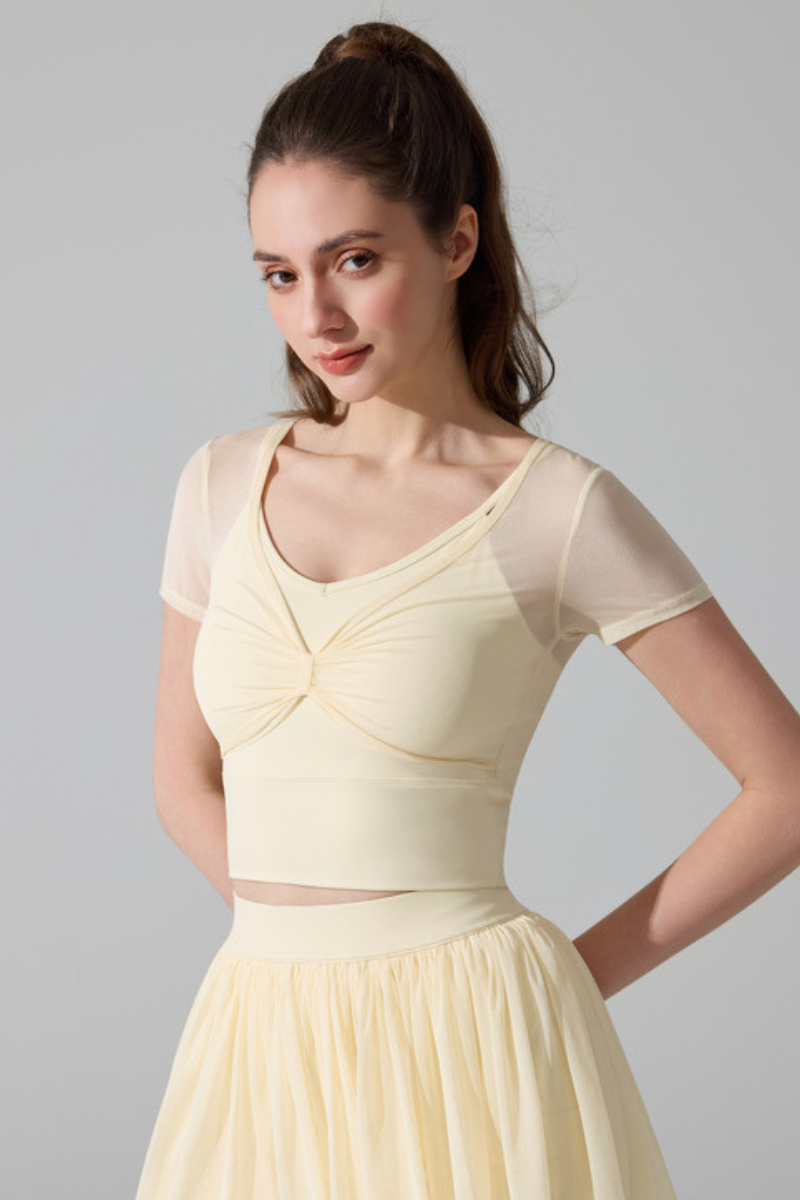 Women’s Faux Two-Piece Mesh Cropped T-shirt