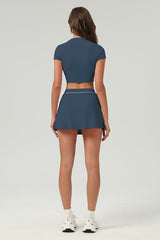 Women Urban Quick-Dry Color-Block Short-Sleeve Tennis Yoga Set With Slimming Skirt