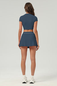Women Urban Quick-Dry Color-Block Short-Sleeve Tennis Yoga Set With Slimming Skirt