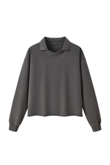 Unisex Fall 100% Cotton Washed Boxy V-Neck Polo Sweatshirt
