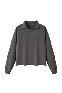 Unisex Fall 100% Cotton Washed Boxy V-Neck Polo Sweatshirt
