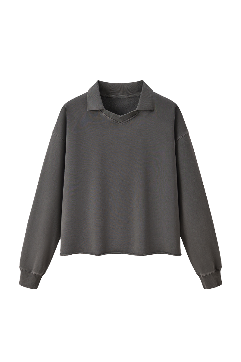 Unisex Fall 100% Cotton Washed Boxy V-Neck Polo Sweatshirt