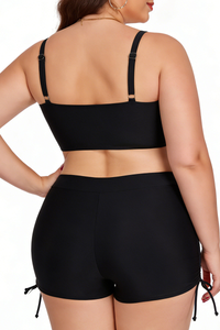 Plus Size Women's Pleated Drawstring Solid Bikini